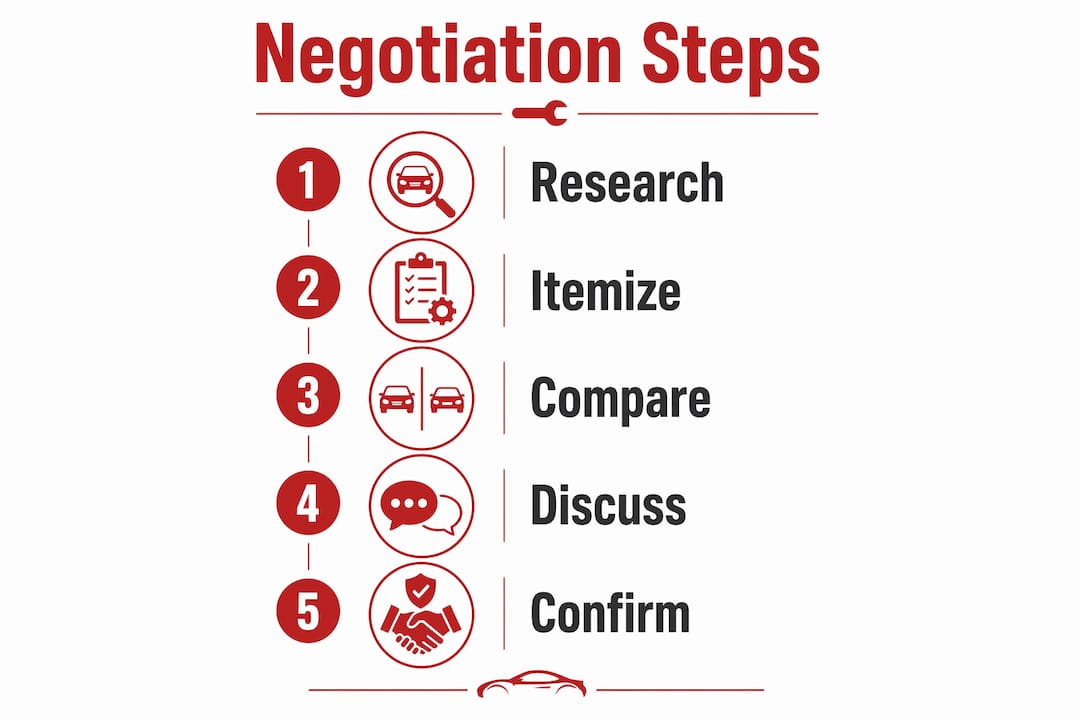 Infographic illustrating steps to negotiate auto repair costs