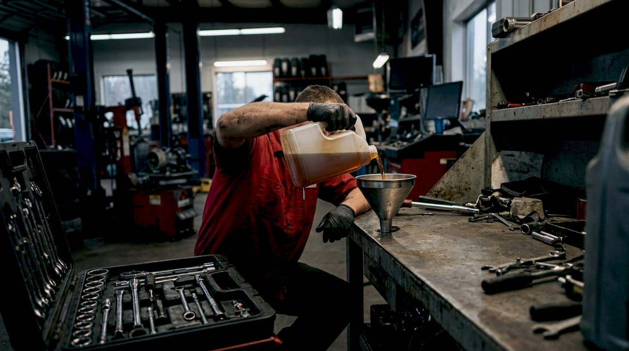 Close-up pouring transfer case fluid during service