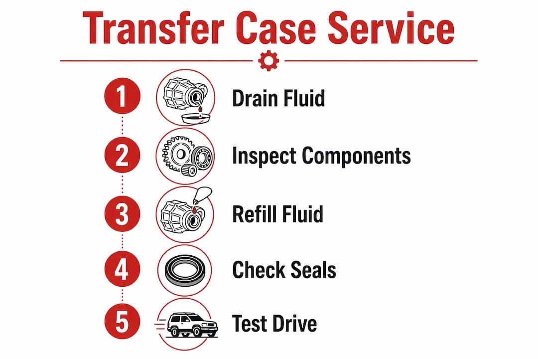 Infographic illustrating the steps of transfer case service