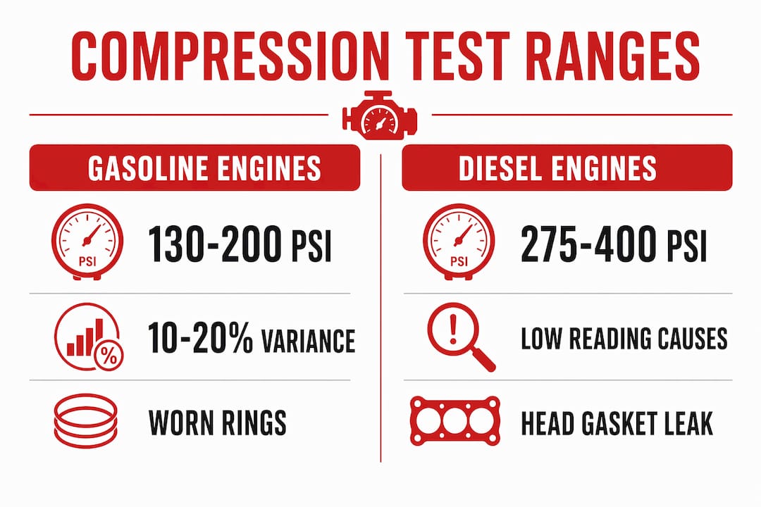 Infographic comparing gasoline and diesel engine compression readings