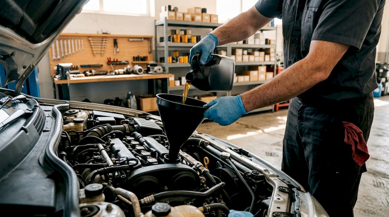 Hands pouring thick motor oil into car engine