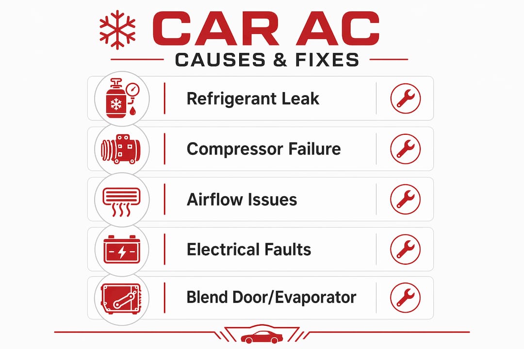 Infographic showing causes and fixes for car AC blowing warm air