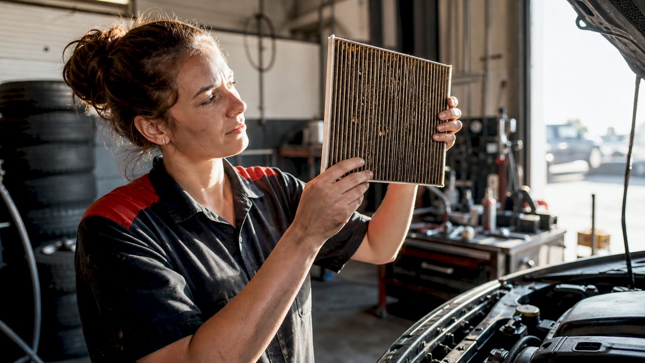 Mechanic inspecting dirty car cabin air filter