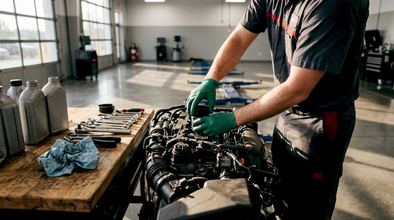 Hands changing oil filter on Honda engine