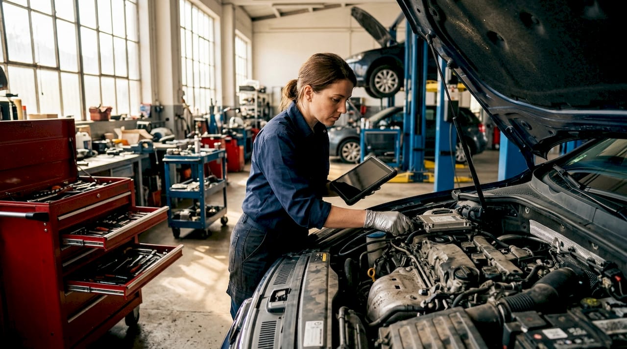 Technician connecting diagnostic tablet to car ECU