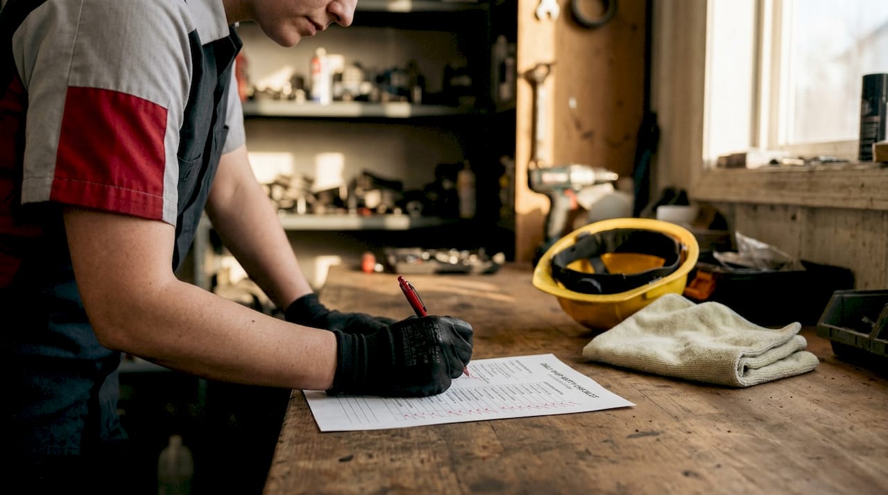 Hands marking daily safety checklist at workbench