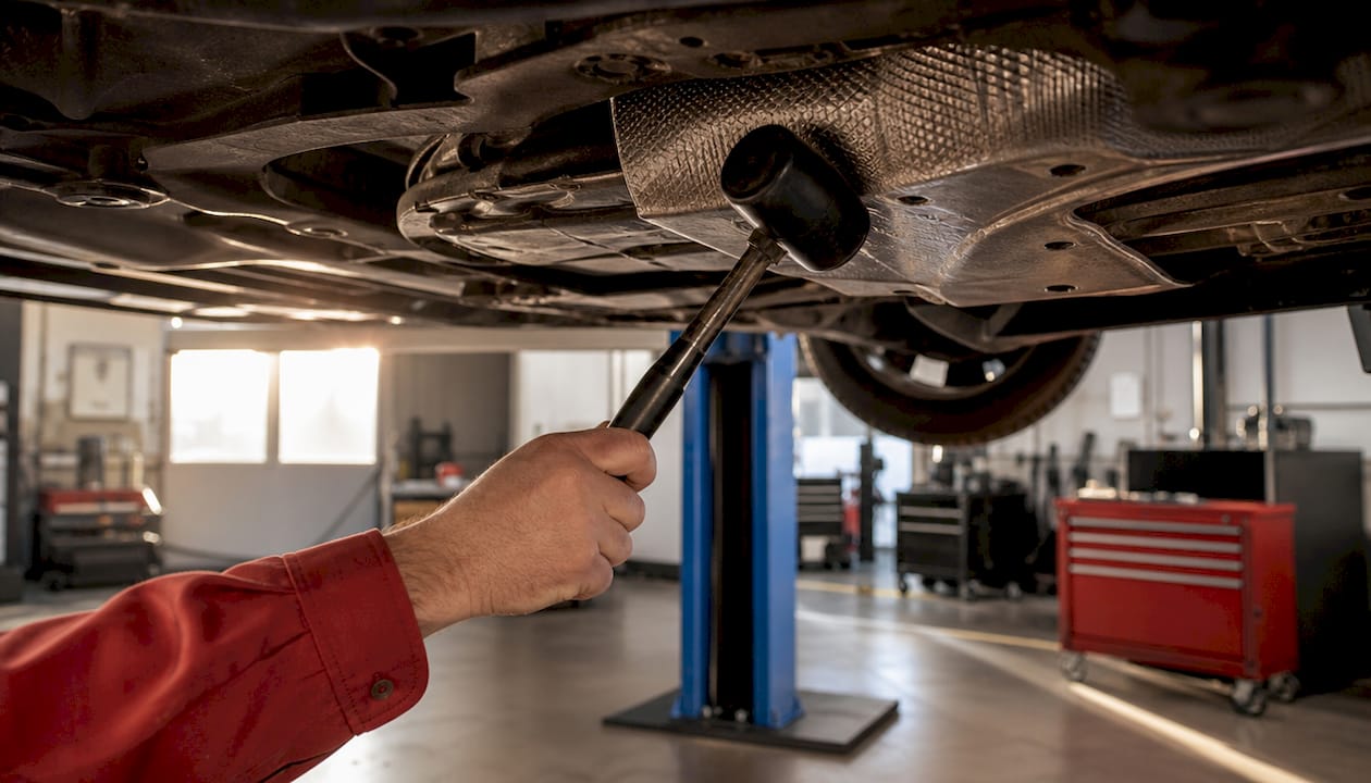 Hand tapping car heat shield with rubber mallet