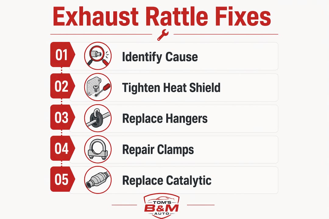 Infographic showing key exhaust rattle fixes steps