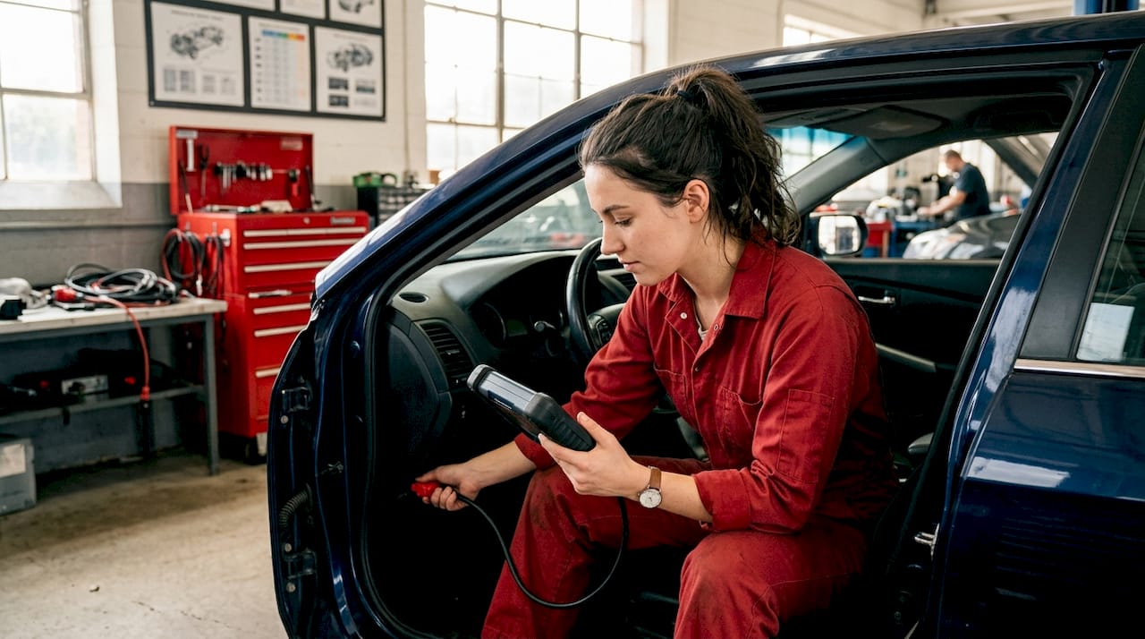 Hands using diagnostic scan tool on vehicle ECU