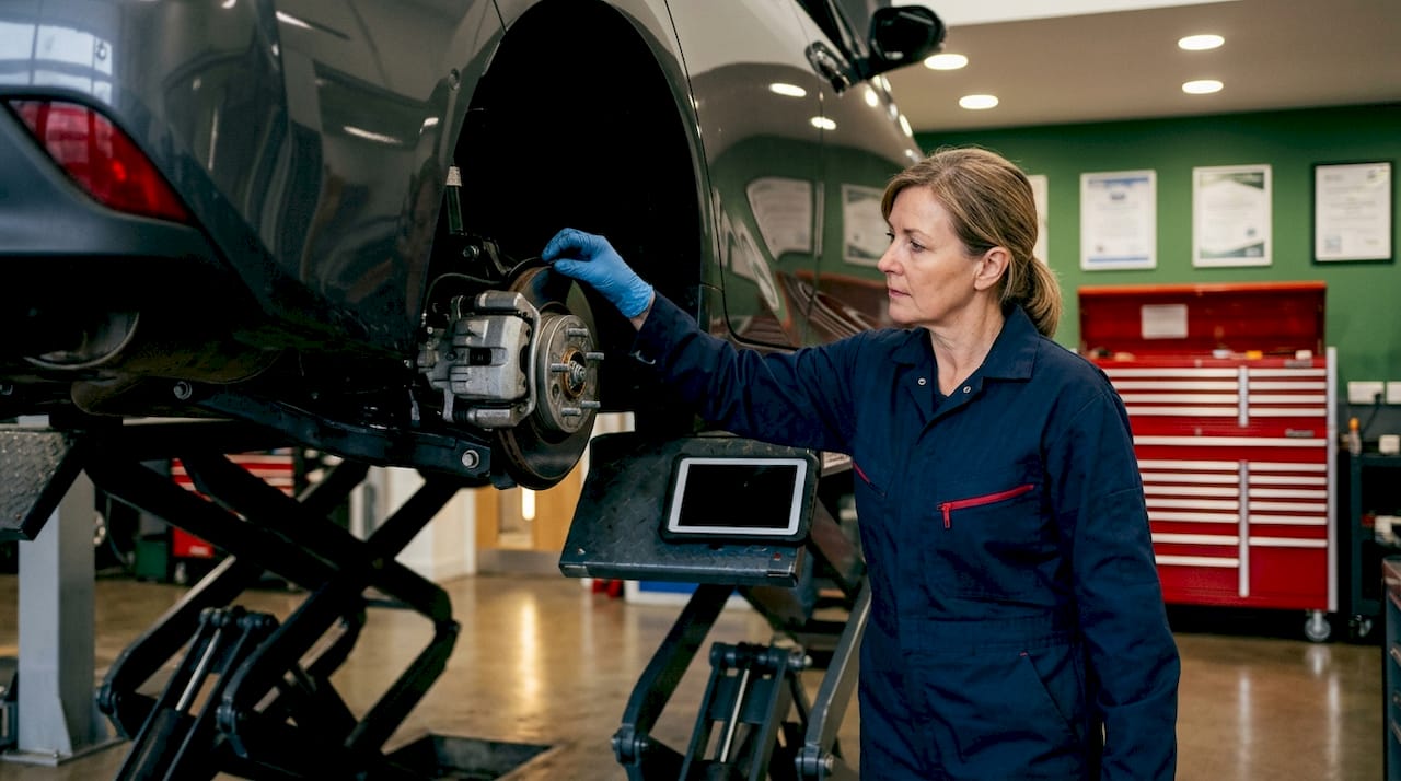 Technician inspecting hybrid car regenerative brakes