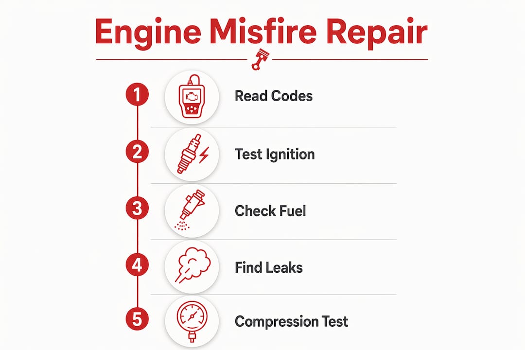 Infographic showing step-by-step engine misfire repair process