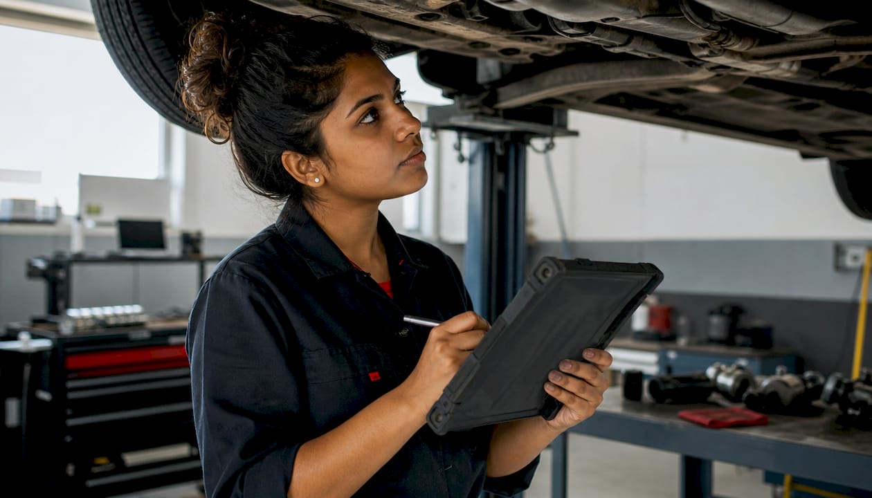 Technician entering live repair notes on tablet