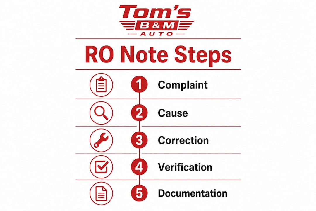 Infographic showing repair order note writing steps