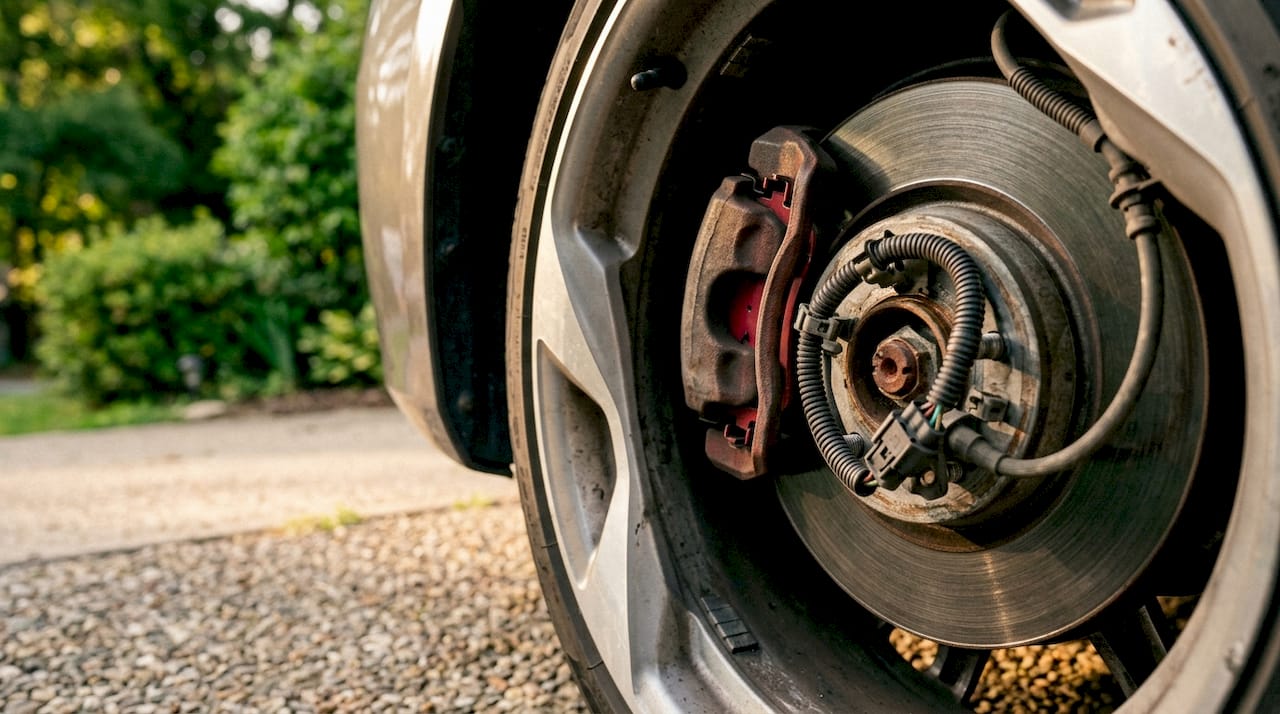 Close-up of brake caliper and sensor wiring