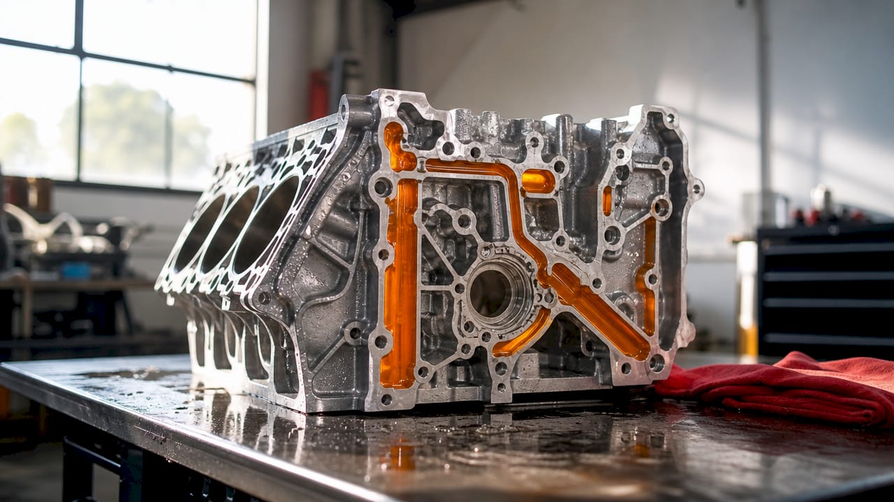 Engine block coolant channels close-up