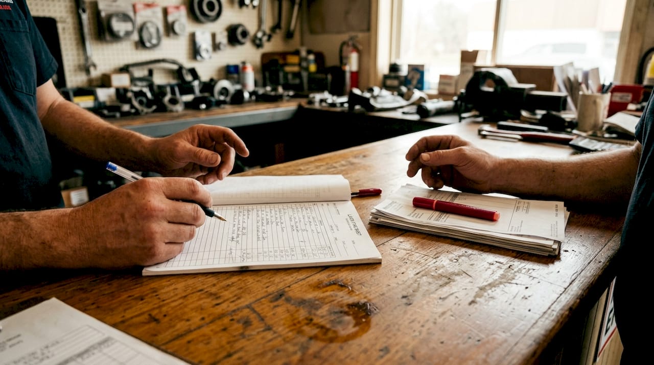 Close-up of hands reviewing labor charges and documents