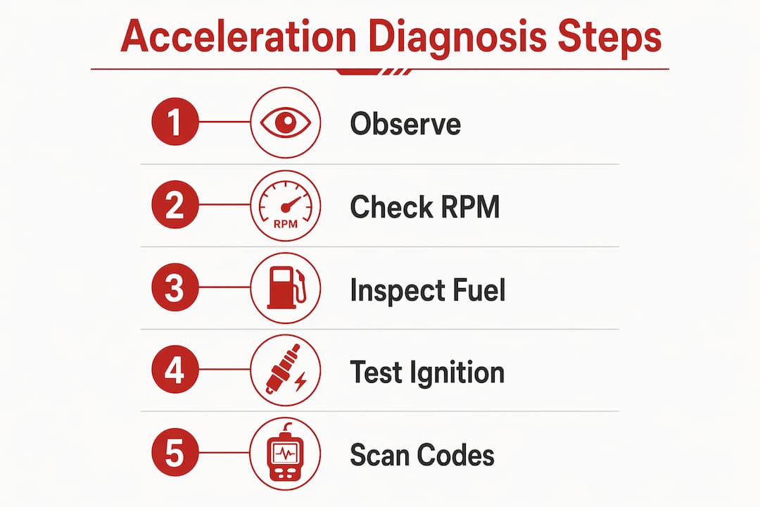 Infographic presenting steps to diagnose car acceleration hesitation