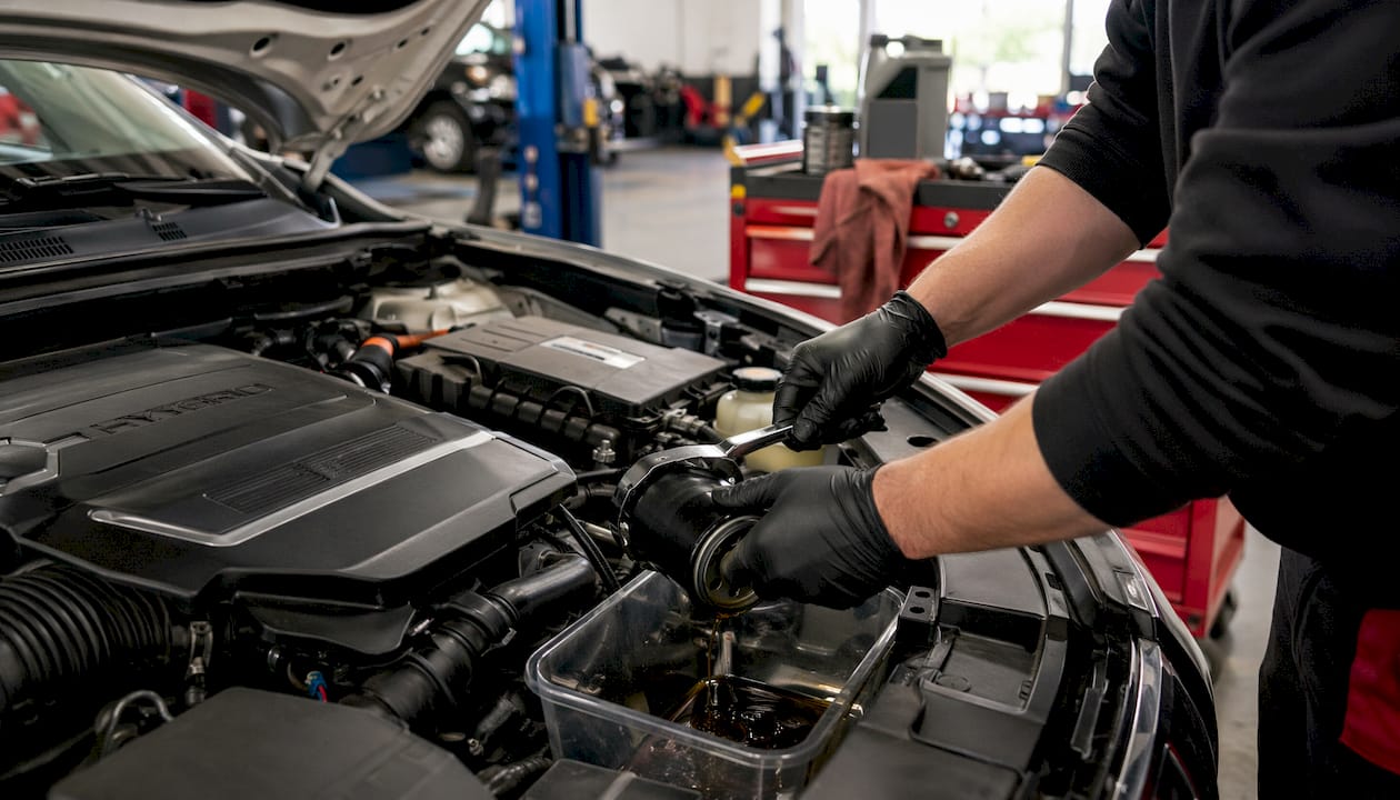 Hands changing oil filter on hybrid car
