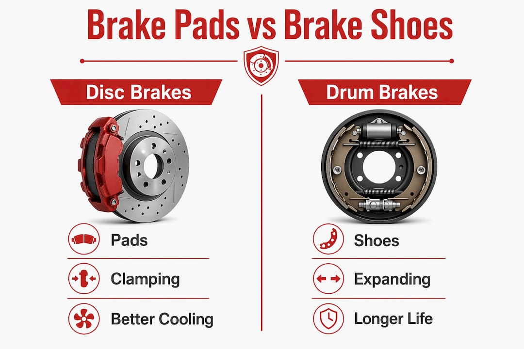 Infographic contrasting brake pads with brake shoes