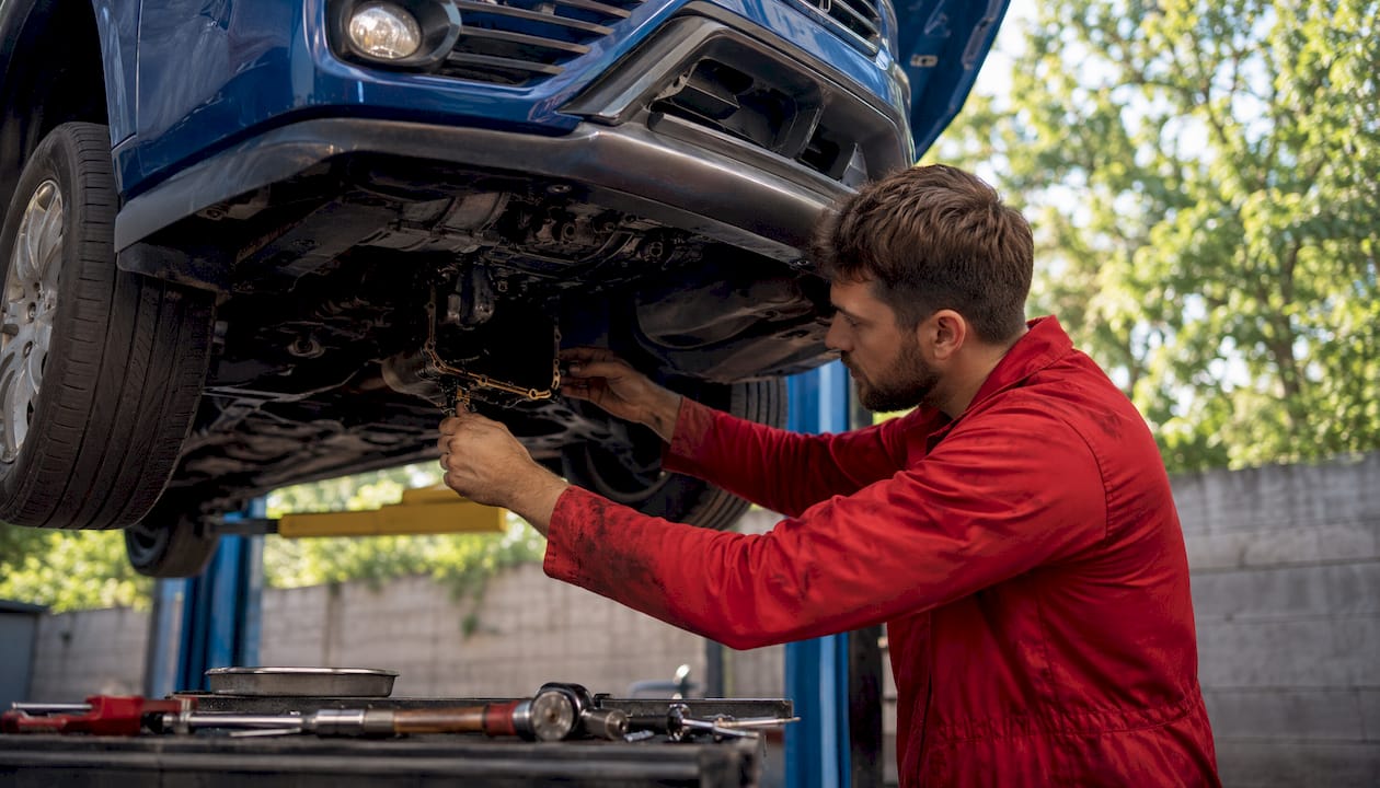 Mechanic replacing oil gasket under car hood