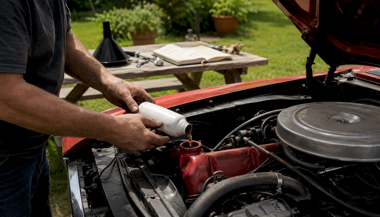 Hands adding oil stop-leak additive to engine