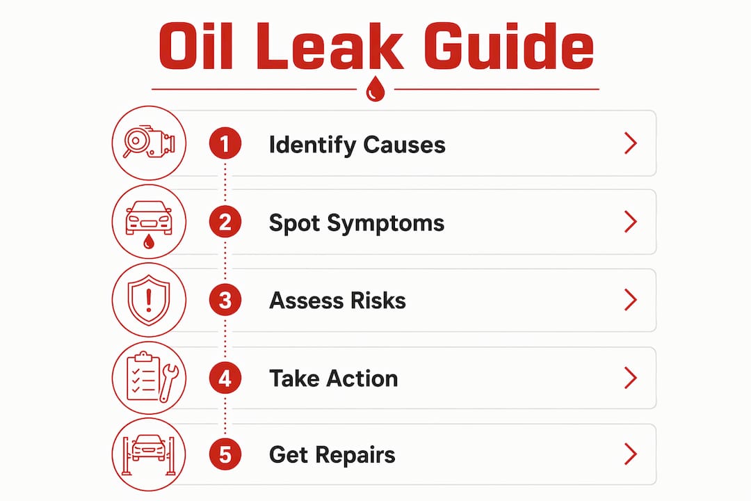 Infographic showing oil leak process steps and key points