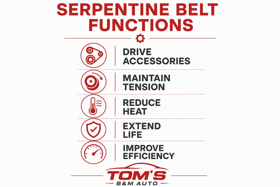 Infographic showing serpentine belt key functions in engine