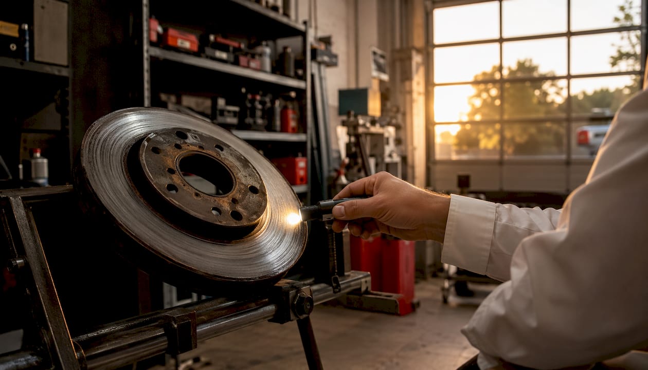 Mechanic inspecting brake rotor damage