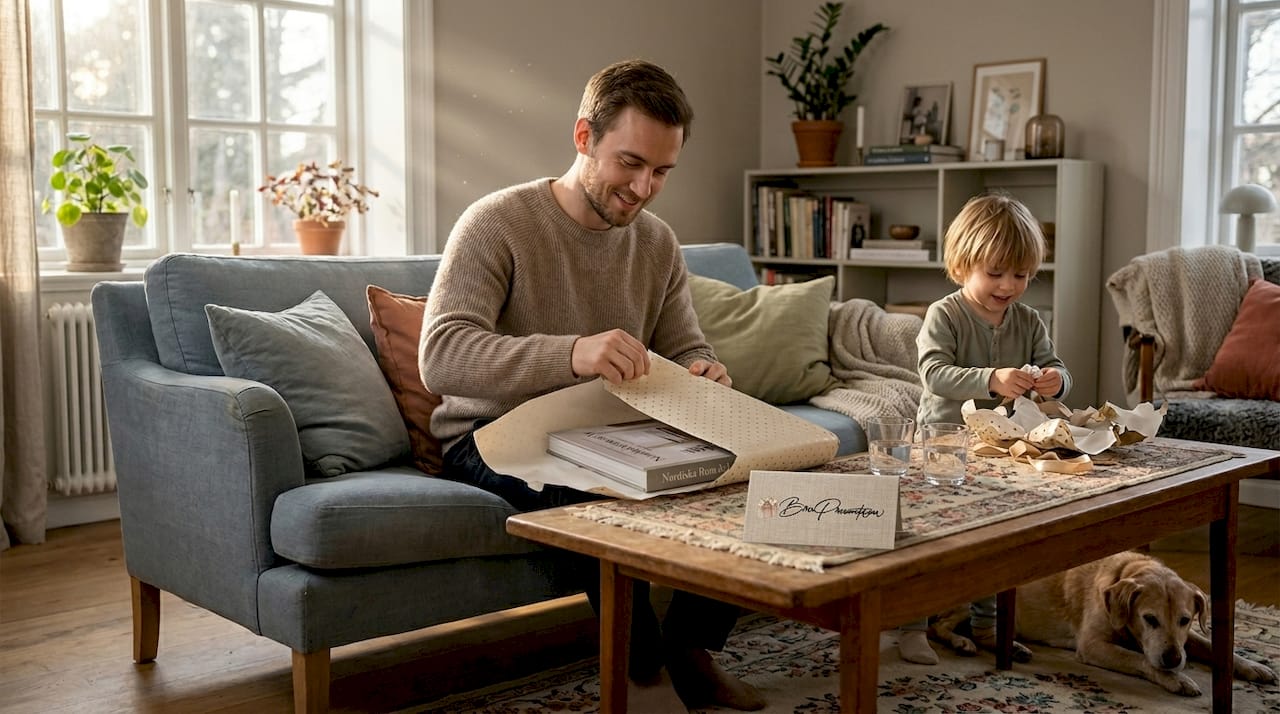 En ung kille slår upp ett paket i vardagsrummet hemma hos familjen.