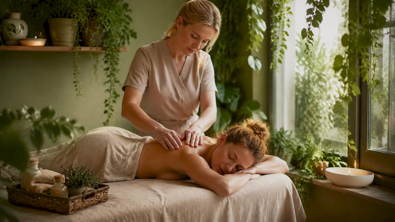 En massagebänk i ett rofyllt spa, omgiven av doftande oljor och ett levande ljus som sprider lugn i rummet.