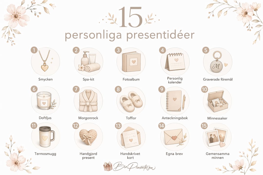 En infografik som presenterar 15 unika gåvoförslag – snyggt upplagt i staplar som visar ett flöde av inspiration.