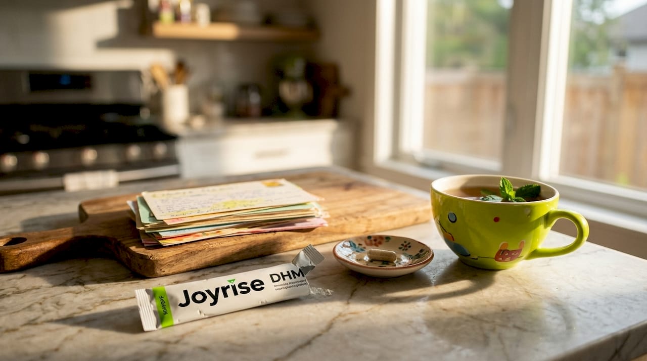 Joyrise DHM stick pack with wellness accessories flat lay