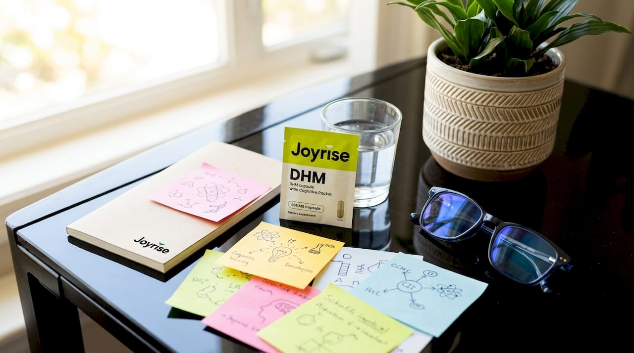 Top-down flat lay of Joyrise DHM packet with scientific notes and glasses