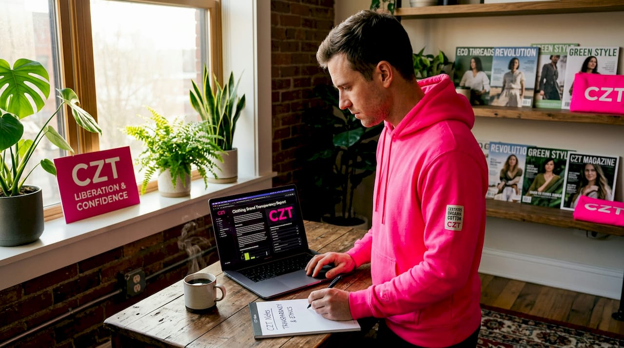 Person verifying eco-friendly streetwear certification
