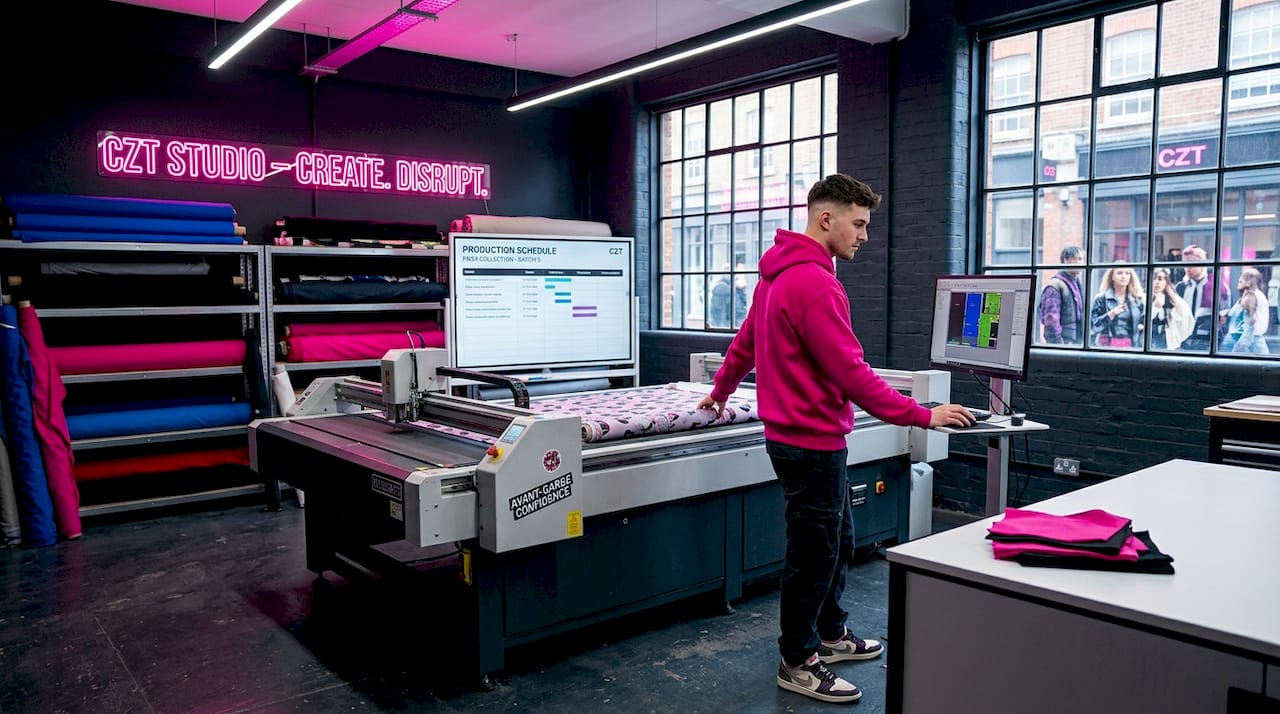 Operator using fabric-cutting machine in workshop