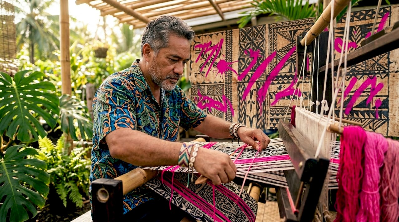 Polynesian designer weaving traditional textile