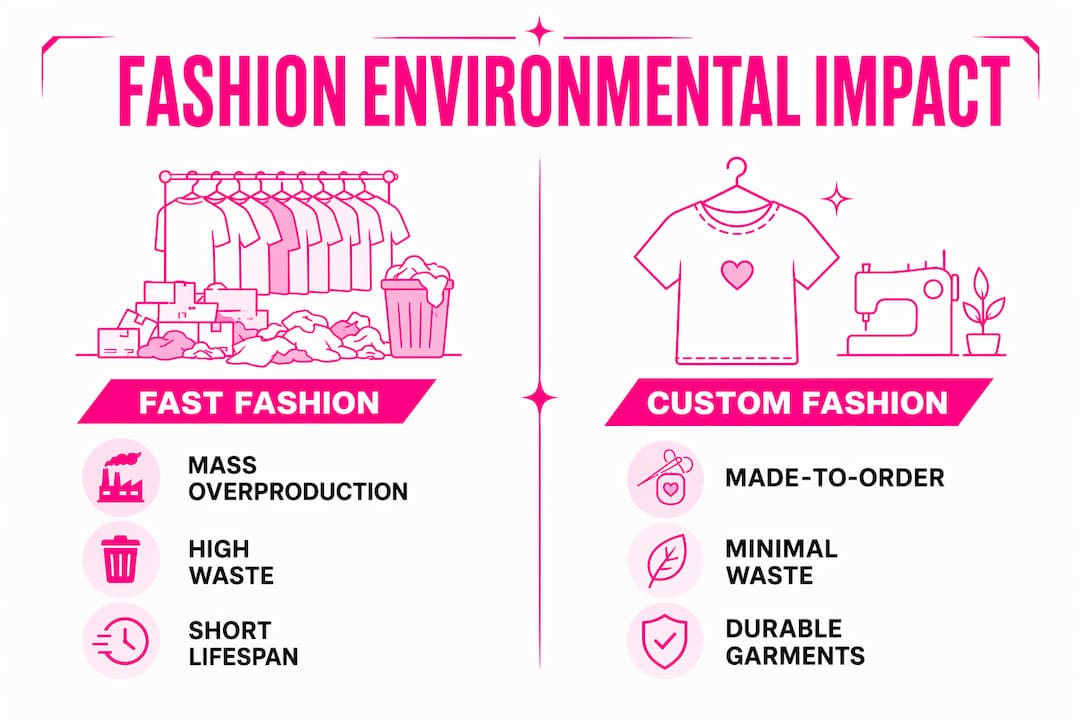 Infographic comparing fast fashion and custom fashion environmental impacts