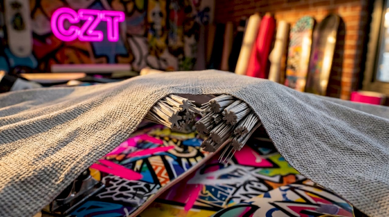 Close-up of moisture-wicking synthetic skate fabric fibers