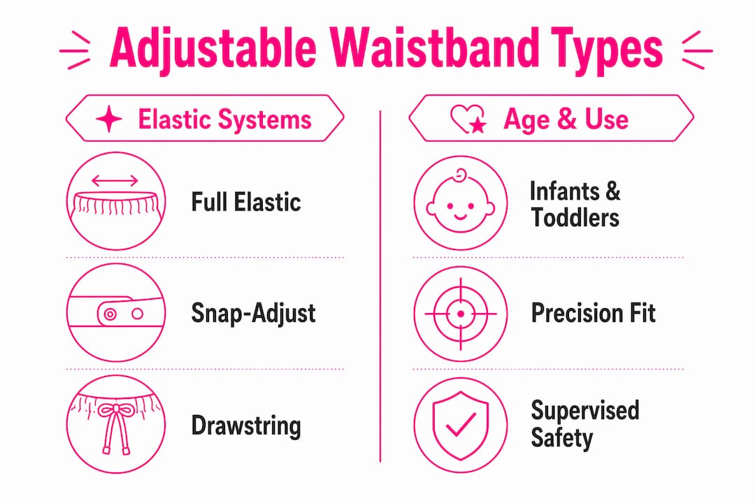 Infographic comparing adjustable waistband types for kids