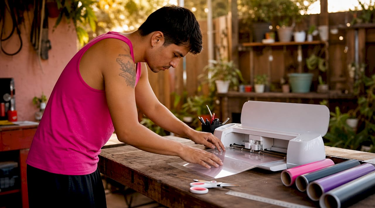 Person loading vinyl into cutting machine at home studio