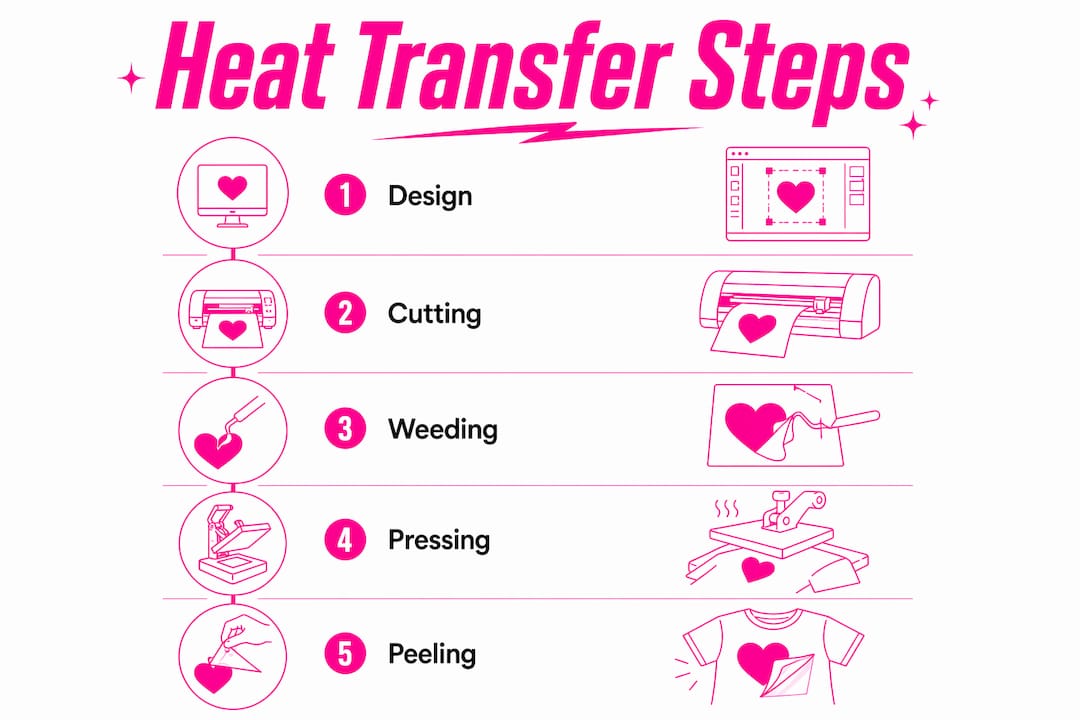 Infographic illustrating heat transfer printing process steps