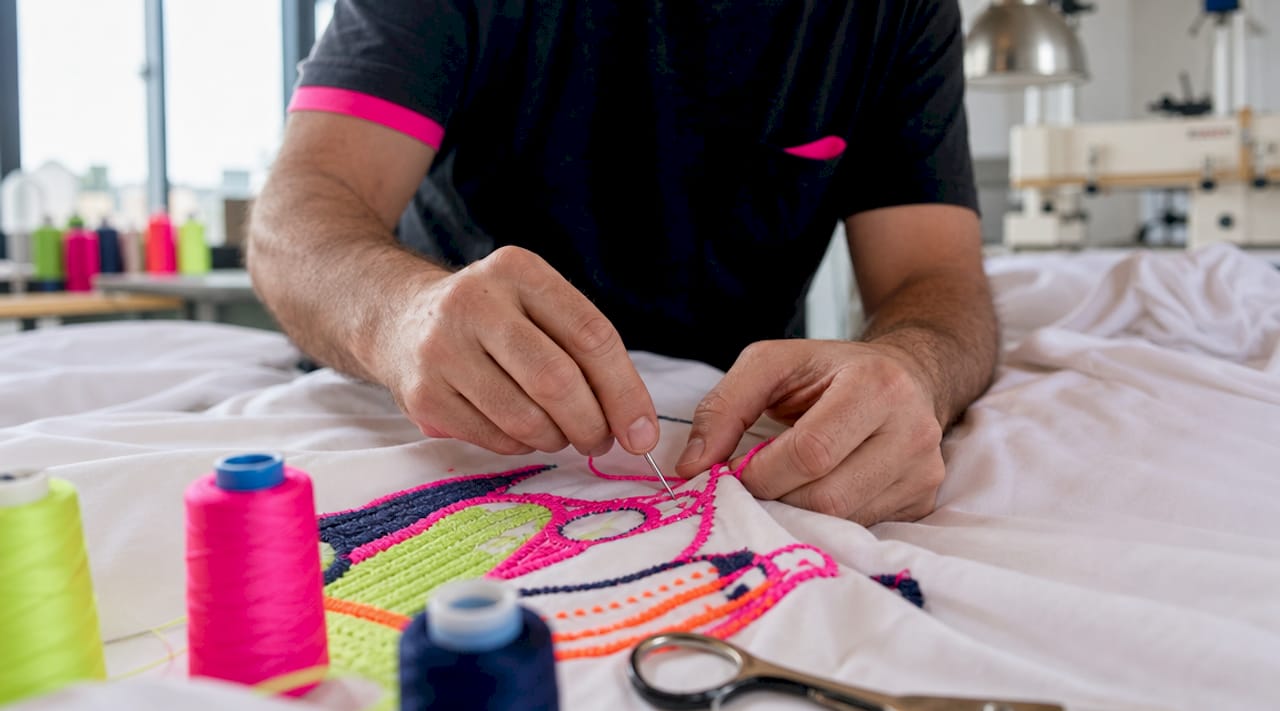 Hands embroidering denim jacket details