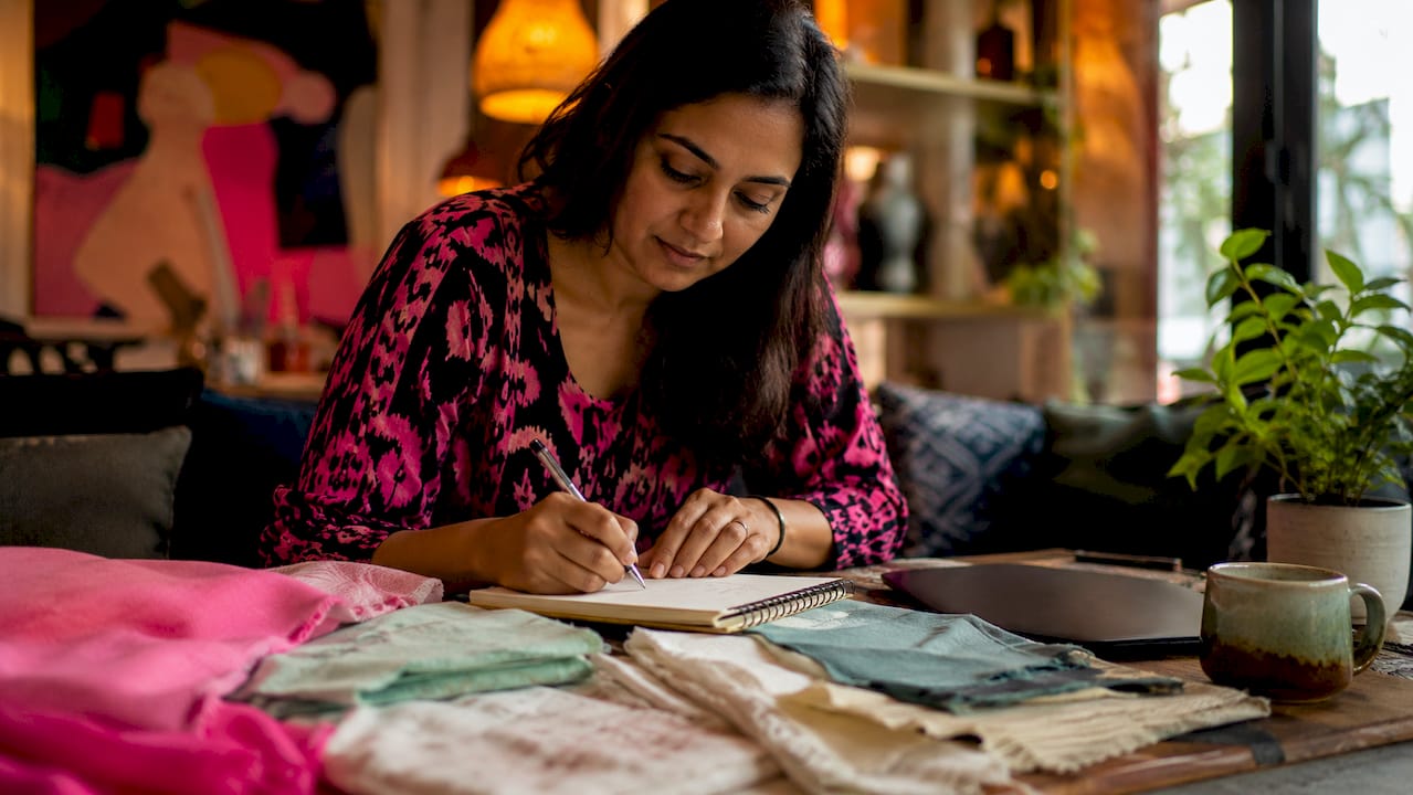 Woman evaluating sustainable streetwear fabrics at worktable