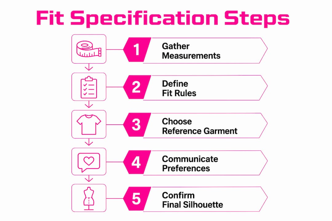 Infographic showing steps to specify fit preferences for custom garments