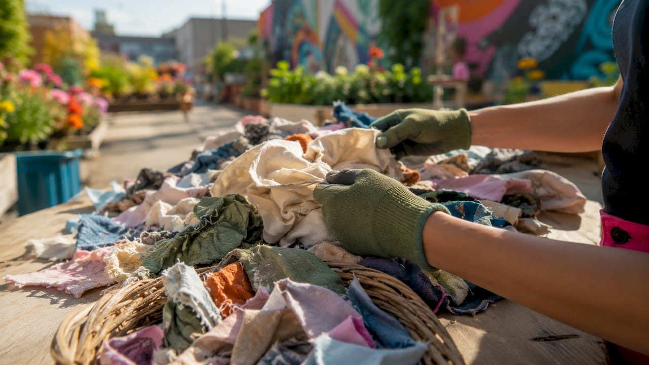 Hands shredding recycled cotton for textile recycling