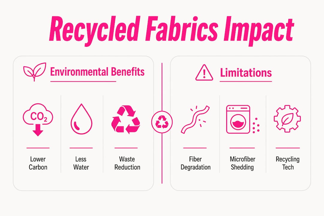 Infographic comparing benefits and limitations of recycled fabrics