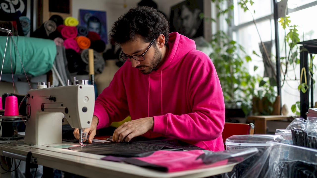 Designer sketching bespoke streetwear at wooden desk