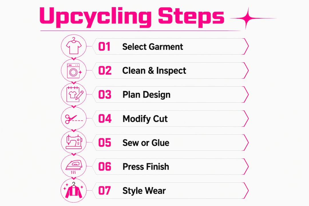Infographic showing key steps in upcycling thrifted streetwear