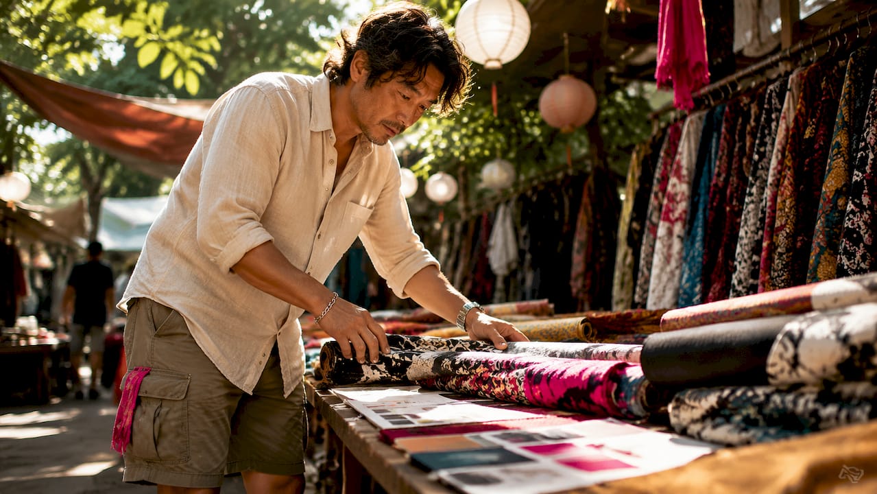 Man reviewing fabrics and costs for clothing collection