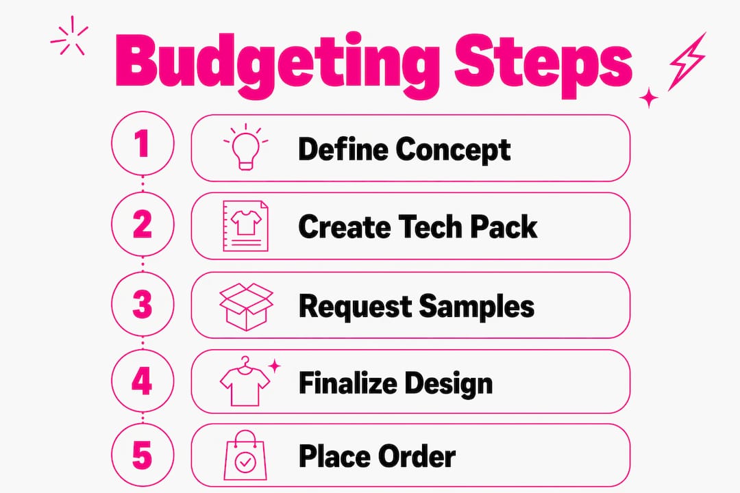 Infographic showing budgeting steps for custom clothing project